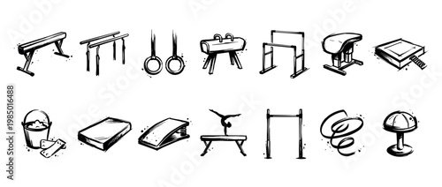 Collection of hand-drawn gymnastics equipment icons, including various bars, rings, horses, and mats, rendered in a dynamic sketch style on a clean white background