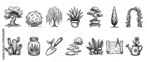 Diverse collection of hand-drawn garden and nature illustrations, showcasing trees, plants, tools, and landscaping elements, all rendered in a clean black and white sketch style, isolated