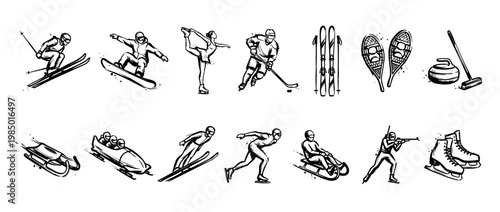 Diverse collection of hand-drawn black and white winter sports icons, featuring athletes and equipment for various cold-weather activities, rendered in a dynamic sketchy style, isolated on white