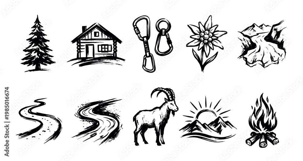 Fototapeta premium Collection of hand-drawn outdoor icons, featuring various nature and adventure elements, presented in a rustic sketch style on a clean white background