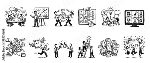 Hand drawn business concept icons collection depicting various aspects of teamwork, productivity, ideas, and success, isolated on a clean white background