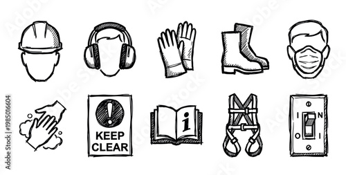 Collection of hand-drawn safety icons and personal protective equipment symbols, isolated on a white background, depicting essential workplace health and safety measures in a sketchy style
