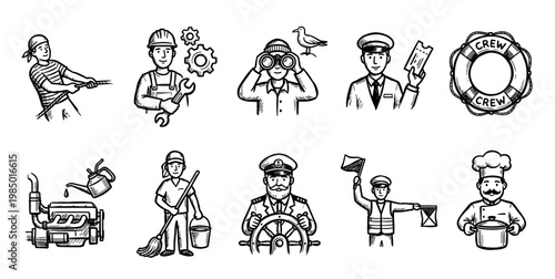 Hand-drawn set of nautical crew and related icons, featuring various shipboard roles and equipment in a clean black and white sketch style, isolated on a white background