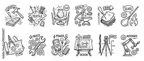 Collection of various hand-drawn doodle icons representing different crafts, skills, and professions, isolated on a clean white background with a charming artistic style