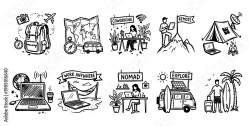 Diverse collection of hand-drawn digital nomad icons illustrates modern remote work and travel adventures, presented in a clean sketch style on a white background