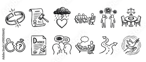 Comprehensive set of hand-drawn doodle icons illustrating divorce and relationship problems, featuring broken rings, legal documents, therapy, and conflict resolution, isolated on a white background