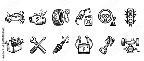 Hand drawn car repair and maintenance icons collection in a sketchy doodle style, featuring various automotive tools and parts on a clean white background