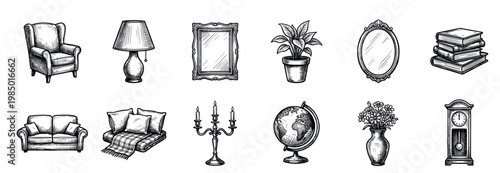 Set of vintage hand-drawn home furniture and decor items, including seating, lighting, mirrors, books, and a globe, rendered in a detailed sketch style, isolated on white