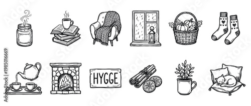 Collection of hand-drawn cozy hygge illustrations featuring various comfort items like candles, books, a fireplace, and warm drinks, presented in a charming doodle style on a clean white background