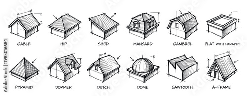 Twelve distinct architectural roof types are meticulously hand-drawn as sketches, showcasing various designs with measurement arrows and labels, isolated on a clean white background