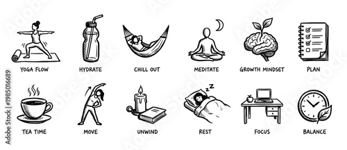 Twelve hand-drawn black and white wellness icons illustrating various self-care and healthy lifestyle practices, presented in a simple doodle style on a clean white background