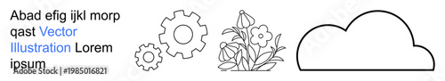 Engineering, nature, weather, technology, design, creativity. Outline of gears, flowers and cloud. Engineering and nature concepts with mechanical and floral elements