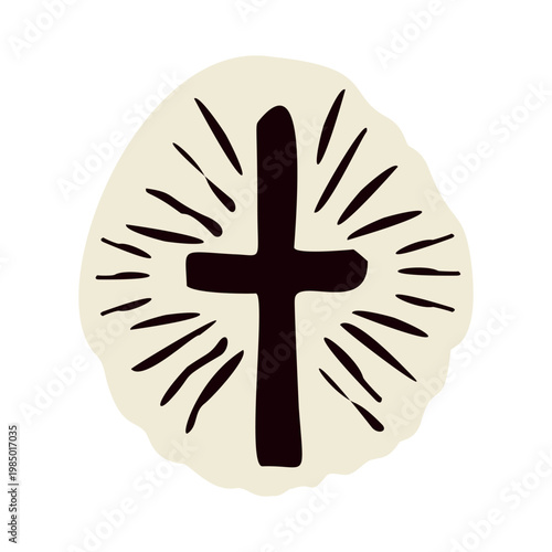 Simple hand drawn cross with rays christian symbol icon. Black and white holy faith clip art for pilgrimage