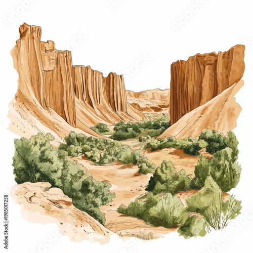 Bandiagara Escarpment. Bandiagara Escarpment hand drawn watercolor illustration on white background