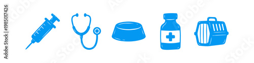 Hand-drawn blue icons for pet healthcare, featuring a syringe, stethoscope, feeding bowl, medicine bottle, and a pet carrier. Perfect for veterinary clinic branding and animal care content.