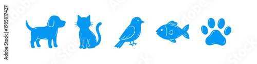 Collection of blue pet icons including a dog, cat, bird, fish, and paw print silhouette. Minimalist vector illustration for pet care, veterinary services, and animal shop branding.