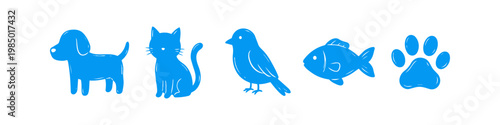 Blue silhouette icons of a dog, cat, bird, fish, and paw print on a white background. Minimalist pet store or veterinary clinic logo set.