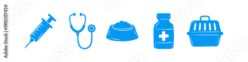 A set of blue hand-drawn veterinary icons featuring a syringe, stethoscope, pet food bowl, medicine bottle, and pet carrier, perfect for clinic branding, animal care, and health-related designs.