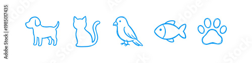 Set of blue hand-drawn pet icons featuring a dog, cat, bird, fish, and paw print. Minimalist sketch style line art for animal care, veterinary services, and pet shop branding.