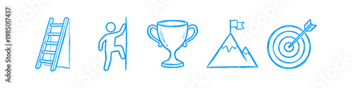 Set of hand-drawn blue icons for success and business goals featuring a ladder, climber, trophy, mountain peak with flag, and a bullseye target. Sketch style for motivation and achievement.