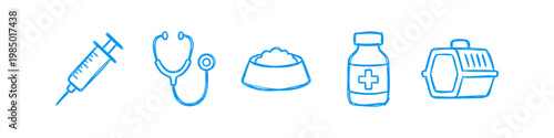Hand-drawn blue veterinary icons featuring a syringe, stethoscope, pet food bowl, medicine bottle, and pet carrier in a sketchy doodle style on a white background.