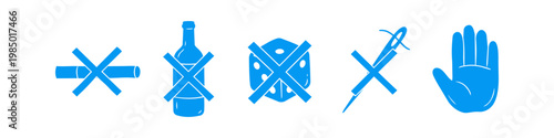 Blue icons showing no smoking, no alcohol, no gambling, and no drugs, plus a stop hand sign. Concept for healthy lifestyle, addiction prevention, and prohibited harmful habits.