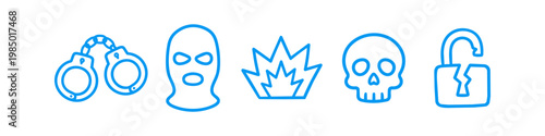 Set of blue line icons depicting themes of crime, security breach, and danger, including handcuffs, a ski mask, an explosion, a skull, and an open broken padlock on a white background.
