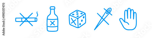 Blue line icons representing quitting bad habits: no smoking, no drinking, no gambling, no drugs, and a stop hand gesture. Ideal for addiction awareness and health campaigns.