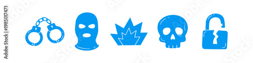Blue crime and security icon set including handcuffs, balaclava mask, explosion, skull, and broken padlock. Minimalist flat design for legal, safety, and criminal justice concepts.