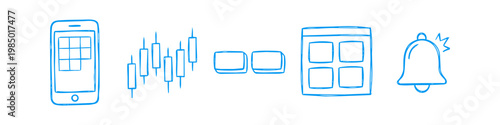 Set of hand-drawn blue doodle icons representing technology and finance, including a smartphone, candlestick chart, web interface, and notification bell on a white background.