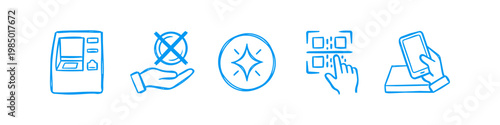 Set of blue hand-drawn fintech icons featuring an ATM, contactless payment, QR code scanning, and mobile banking. Minimalist sketch style for financial technology and digital payment concepts.