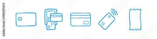 Hand-drawn blue doodle icons illustrating various payment methods including credit cards, a POS terminal, contactless payment, and a paper receipt on a white background.