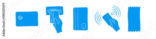 Blue hand-drawn icon set of credit card payment methods including chip card, ATM insertion, magnetic stripe, contactless NFC transaction, and receipt. Isolated on white background.
