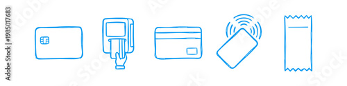 Blue hand-drawn doodle icons for credit card payment methods including terminal, contactless, and receipt on white background. Financial transaction and retail commerce concept.