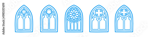 Set of five blue gothic window icons featuring intricate tracery and arched frames. Ideal for architectural designs, historical themes, and religious concepts. Vector line art on white.