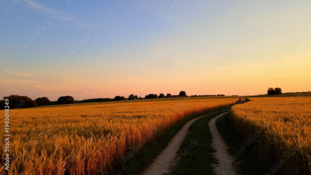 Fototapeta premium An idyllic scene of a dirt path leading through a golden grain field during the sunset, with the sky transitioning from day to night.