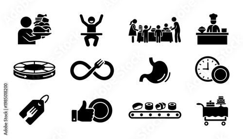 All You Can Eat Buffet Concept Silhouettes, Dining Experience and Food Abundance Icons