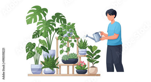 Man watering various plants on a wooden plant stand with a watering can in hand carefully