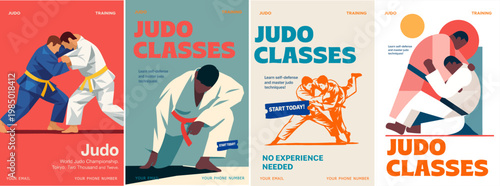 Judo classes vector posters with athletes training, self defense and martial arts techniques. Modern flat design for sport schools, competition, fitness and combat practice promotion.
