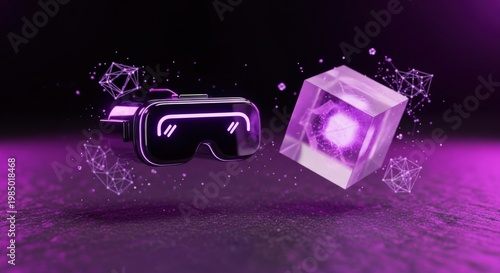 Macro Mirror Black Chrome VR Goggles and Amethyst Glass Cube on Dark Anthracite Stone: Conceptual Metaverse, Virtual Reality, and Premium XR Technology Still Life