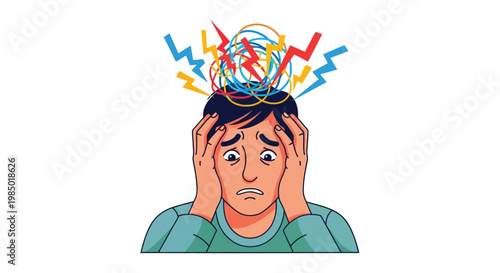 Man experiencing mental confusion with chaotic thoughts and lightning bolts