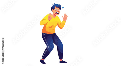 Man in a state of fear and anxiety with hands raised defensively