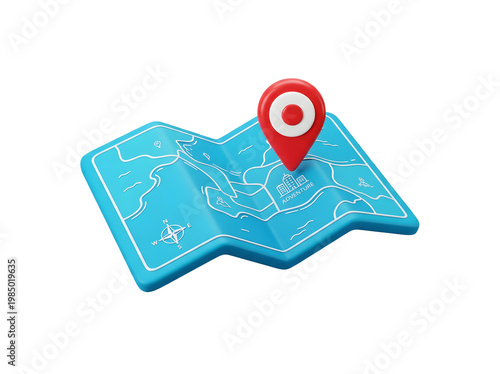 Blue 3D Folded Map with Red Location Pin Pointer Isolated on Transparent Background, cut out. PNG