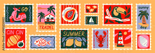 Set of vintage vacation postage stamps. Summertime Season Mail Postmark in retro style with beach and travel elements. Flat hand drawn vector illustration collection isolated on background