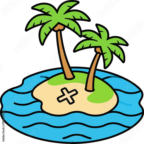 Tropical Island Top View Vector, Flat Design Small Island with Palm Trees and Blue Ocean Icon