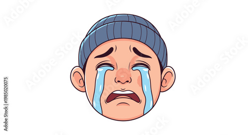 Cartoon man wearing beanie crying tears of sadness and despair emotionally