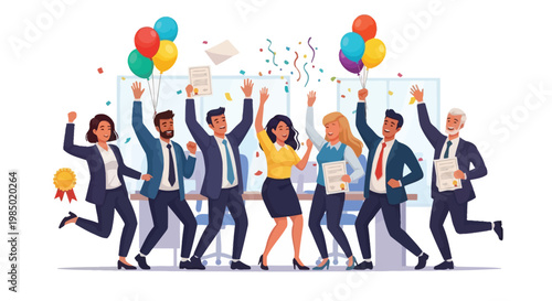 Business team celebrating success with certificates and balloons in office