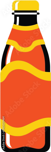 Stylized orange soda bottle with yellow wavy label, isolated on a white