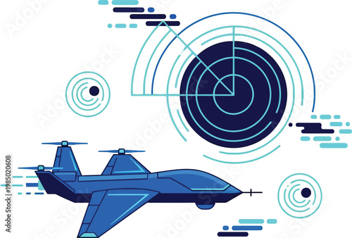 Unmanned aerial vehicle drone with radar tracking system illustration, air force