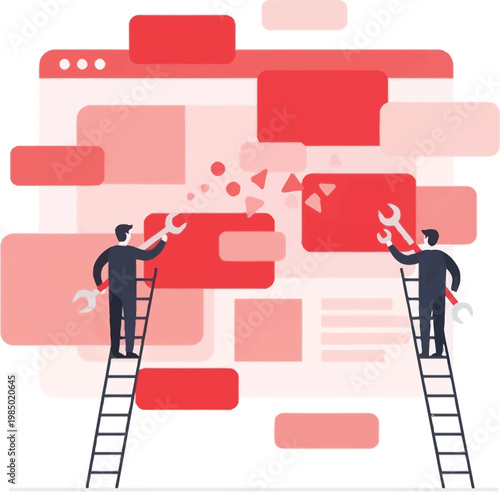 Website construction and repair by developers on ladders with problem solving